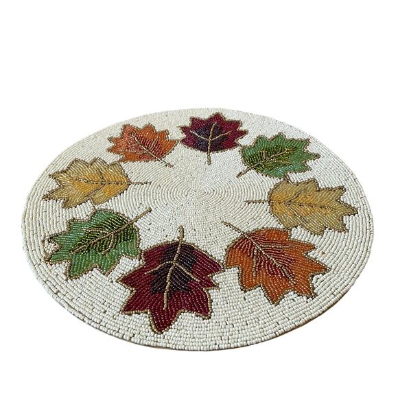 2pc NICOLE MILLER Beaded Fall Leaves 15in Round Placemat Charger Multicolor NEW - Picture 4 of 12